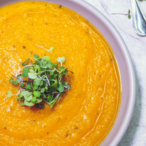 Simple 5Ingredient Butternut Squash Apple Bisque Soup with Microgreens