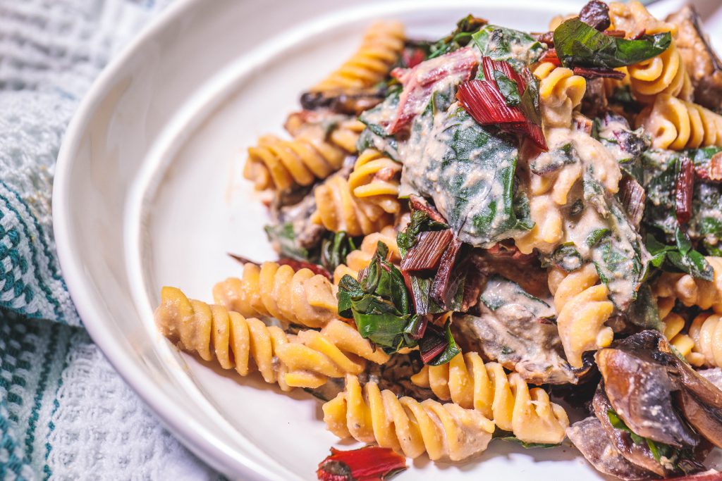 GlutenFree Fusilli Winter Pasta with Chard, Mushrooms, and Walnut