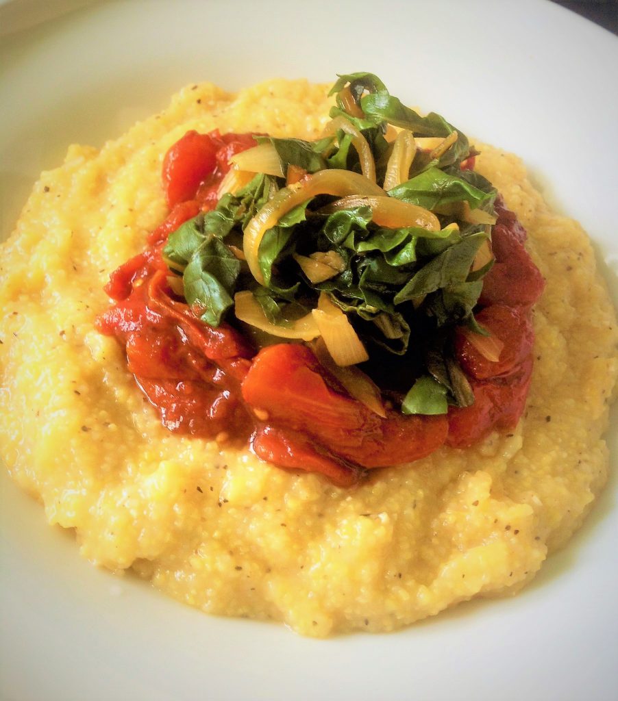 Peppery Southern Grits with Sweet Heat Tomato Jam and Caramelized Chard