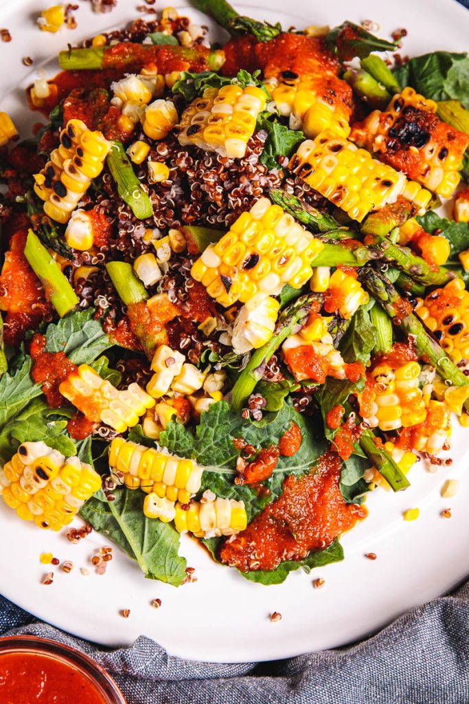 Grilled Corn, Asparagus, and Red Quinoa Salad with Charred Bell Pepper