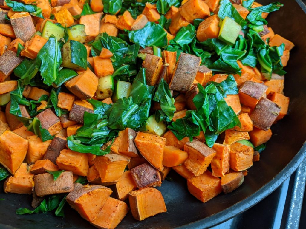 PlantPowered Breakfast! Yam and Collard Greens OilFree Hash
