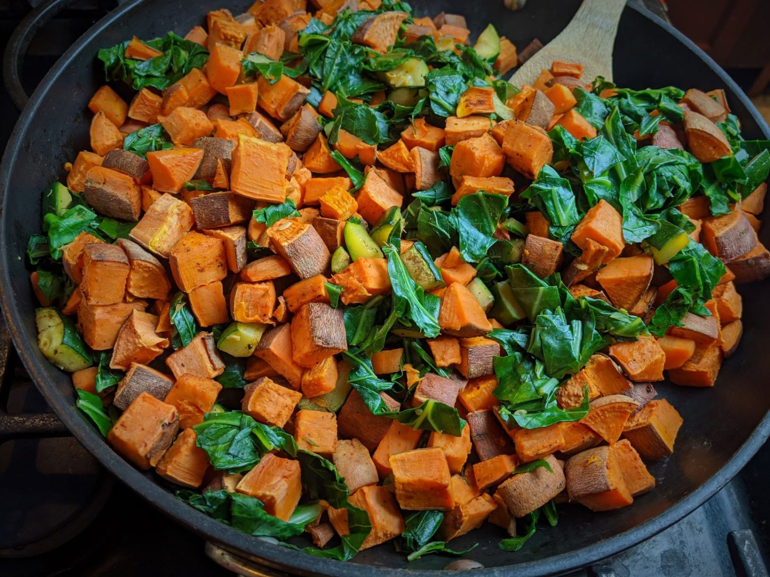 PlantPowered Breakfast! Yam and Collard Greens OilFree Hash